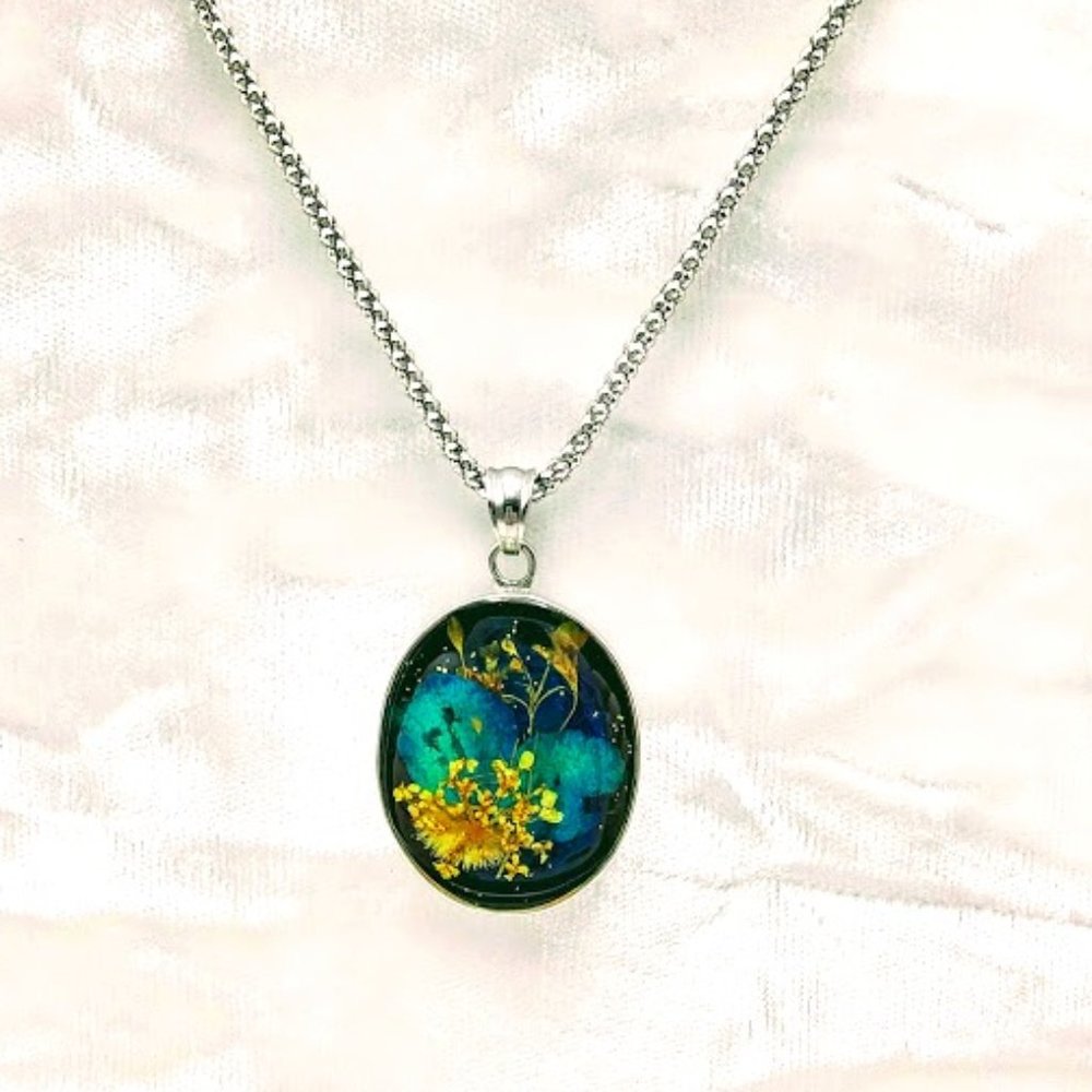 Dried Flowers Encased In Glass Pendant Necklace